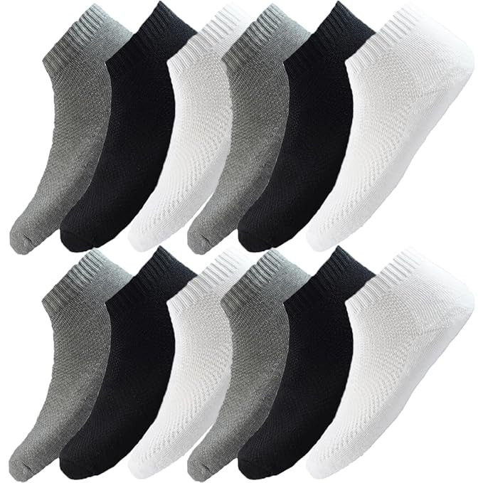 Athletic Ankle Socks, 6 pairs, Grey Black White, Low Cut Sports
